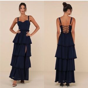 Lulus Navy Blue Tiered Maxi Dress NWT Size S Bustier Bodice Flowy Evening Gown